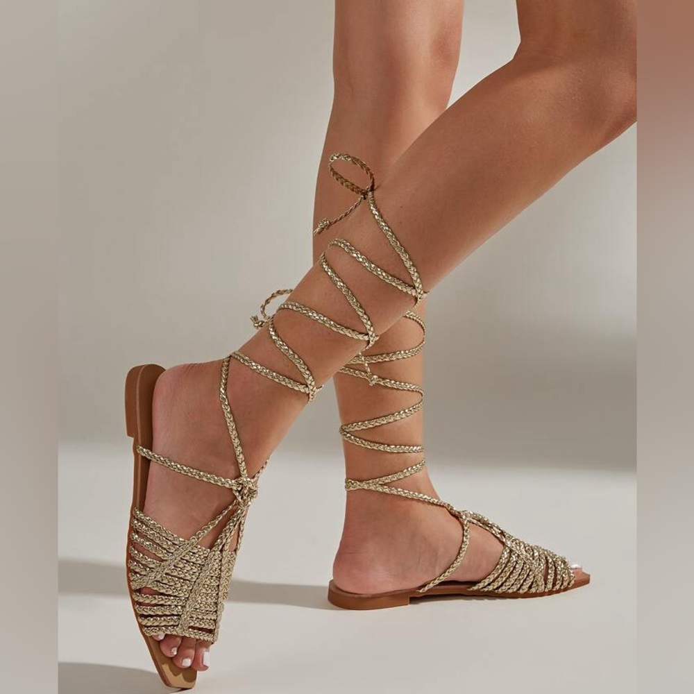 AMAZON Gold Braided Strap Flat Sandals